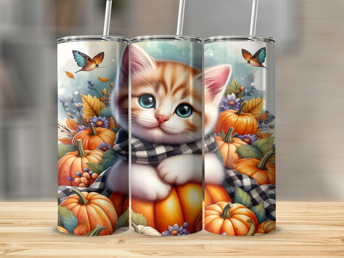 Cute orange and white kitten in a plaid scarf surrounded by pumpkins and flowers.
