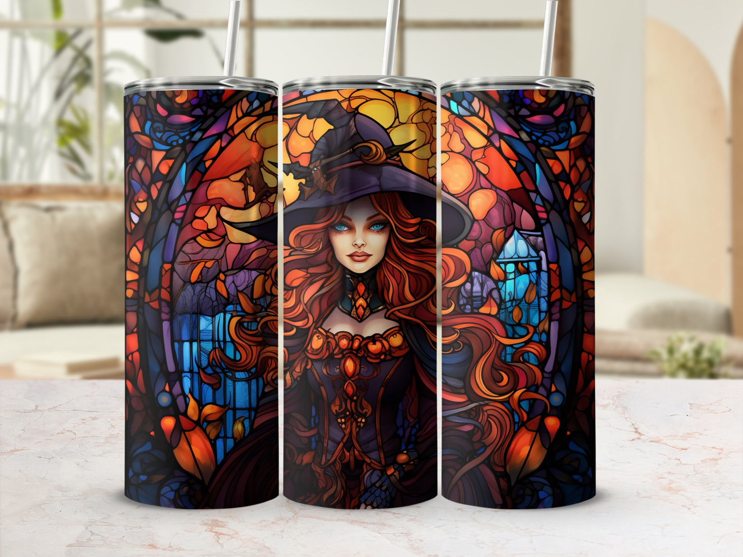 Witch in stained glass style, fiery hair, on tumbler wrap.