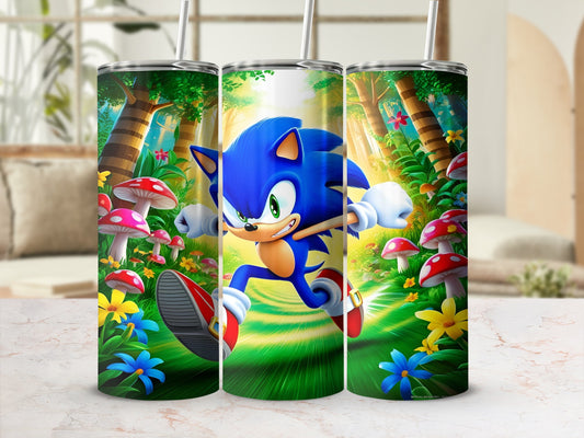 Sonic the Hedgehog running through a colorful forest with mushrooms and flowers.