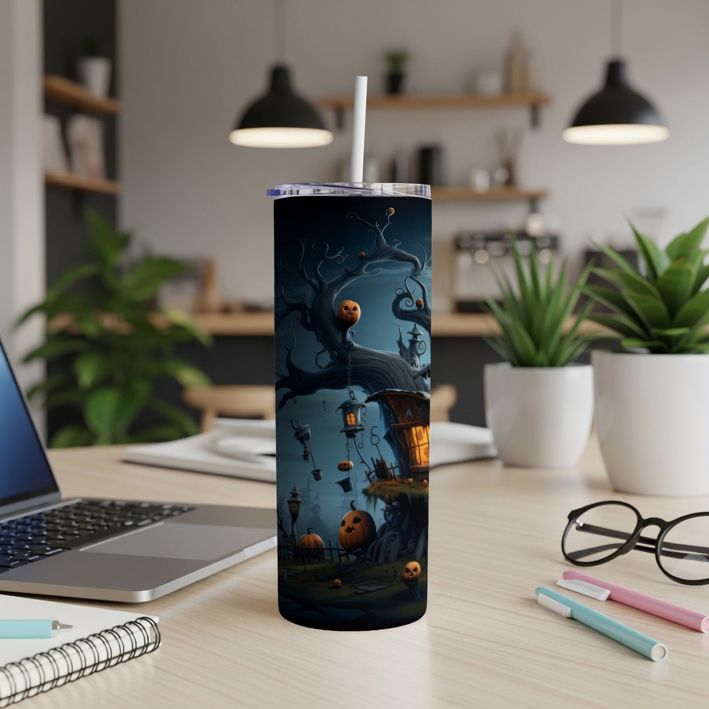 Tumbler with Halloween spooky tree, pumpkins, and lanterns design.
