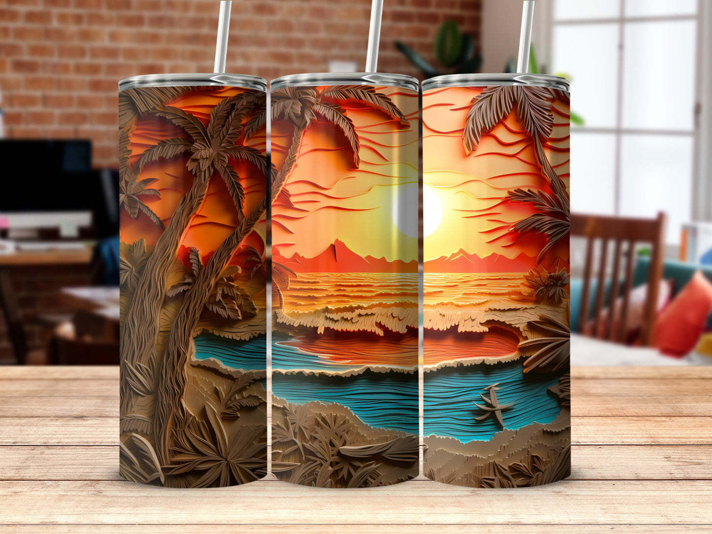 Tropical Sunset Beach Ocean Palm Trees Layered Design Tumbler product type