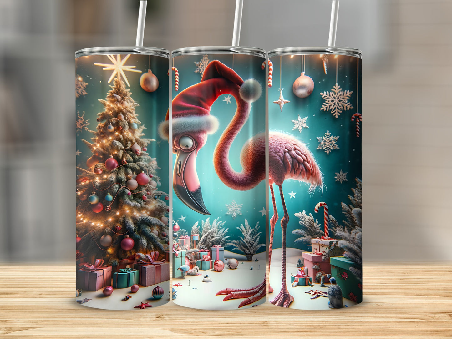 Flamingo in Santa hat with Christmas tree and presents, festive winter scene.