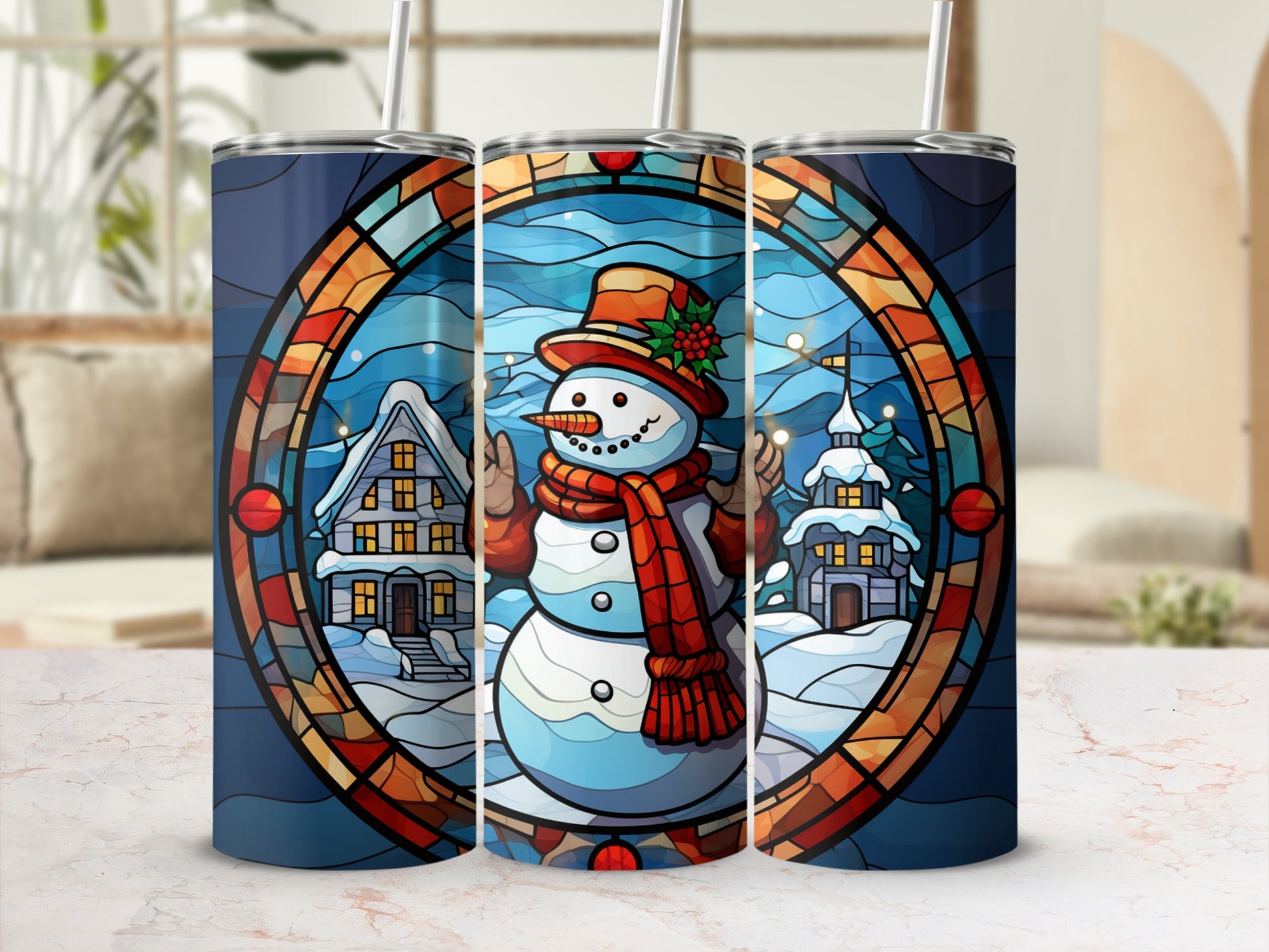 Stained glass tumbler with snowman and winter village design.
