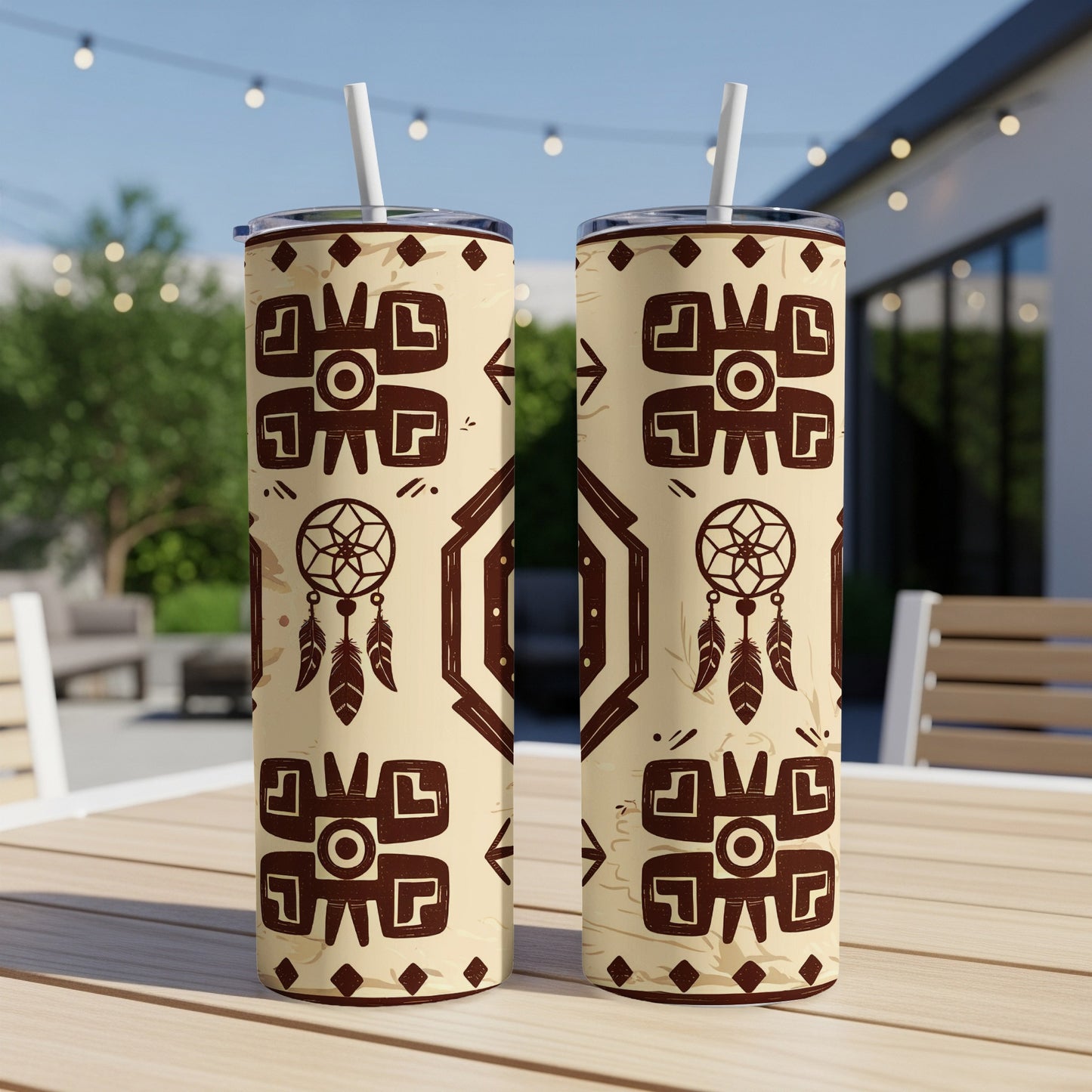 Two tan tumblers with brown geometric patterns and dreamcatchers.