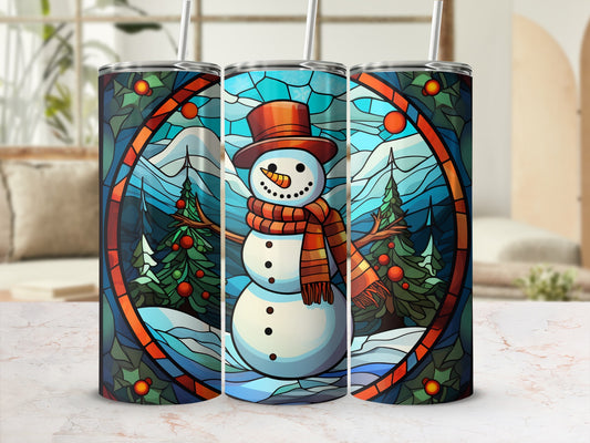 Triptych of snowmen with scarves and hats against a stained glass winter forest backdrop.