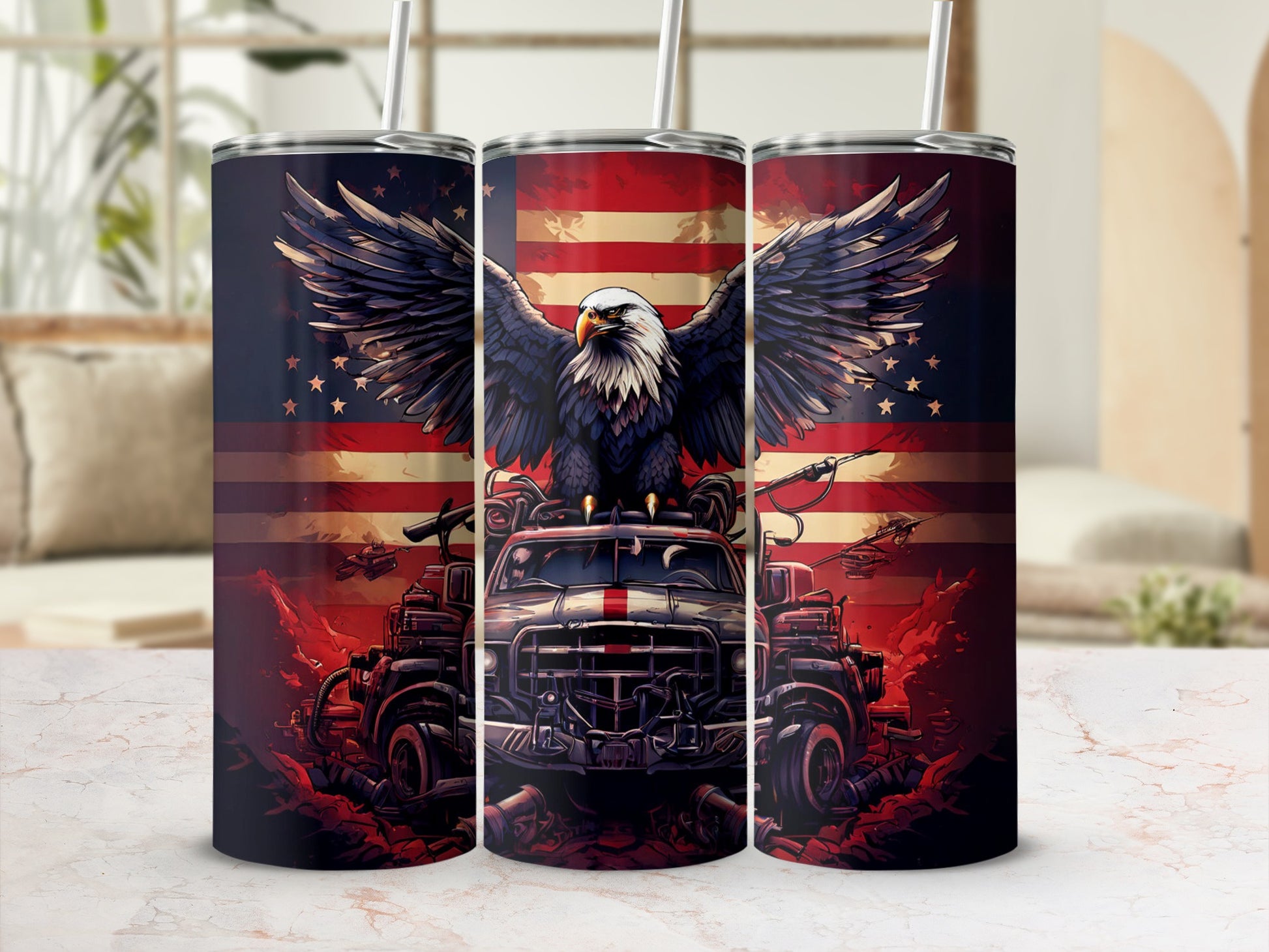 Eagle perched on a stylized truck with American flag background.