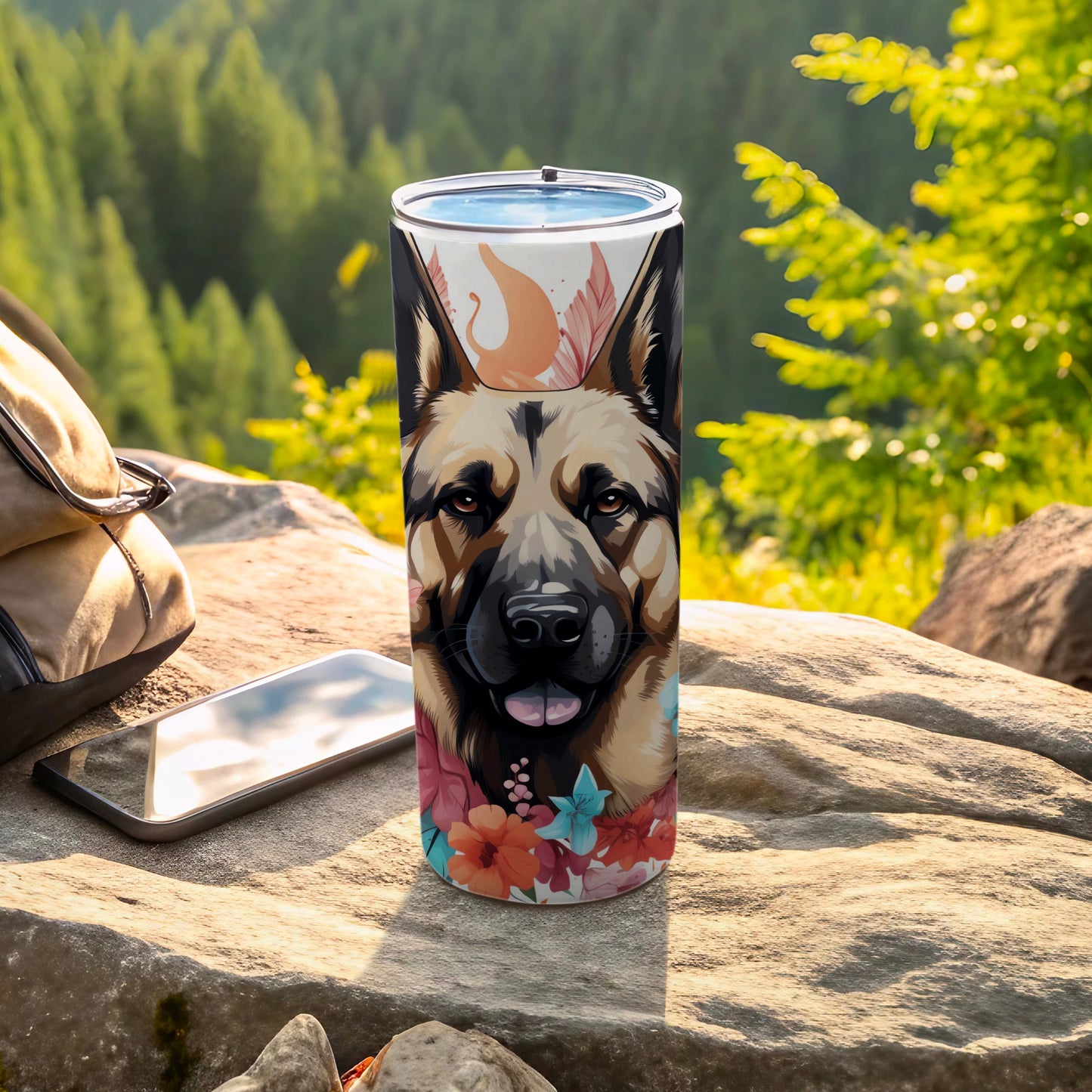 German Shepherd Dog Floral Tumbler product type
German Shepherd, Dog design, Floral tumbler, Pet lover gift, Animal print, Travel mug, Insulated cup, Drinkware art, Nature inspired, Forest backdrop, Canine art, Tumbler gift, Dog breed, Flower pattern, Outdoor gear, Shep pup, Custom tumbler, Unique design, Happy dog, Adventure drink