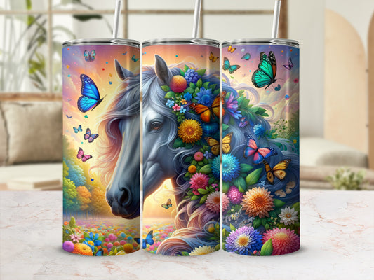 Horse with flowers and butterflies, against a colorful, abstract background.