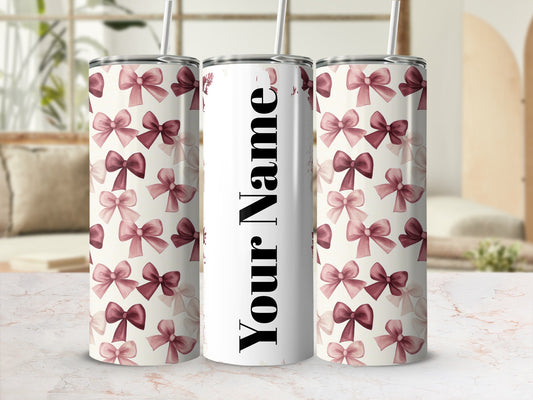 Customizable Pink and Red Bow Pattern Tumbler Flask