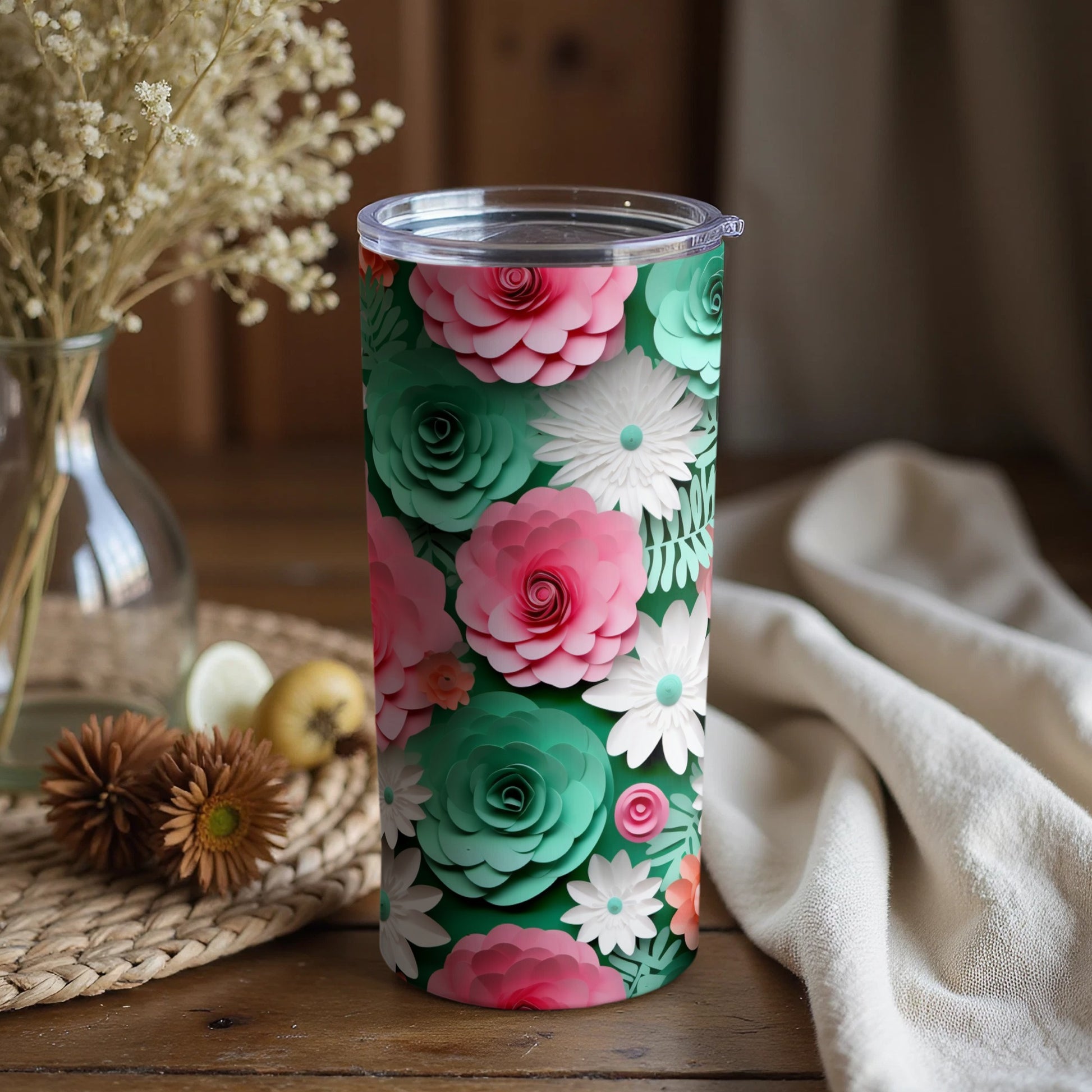 Floral Themed Tumbler with Lid for Hot or Cold Drinks