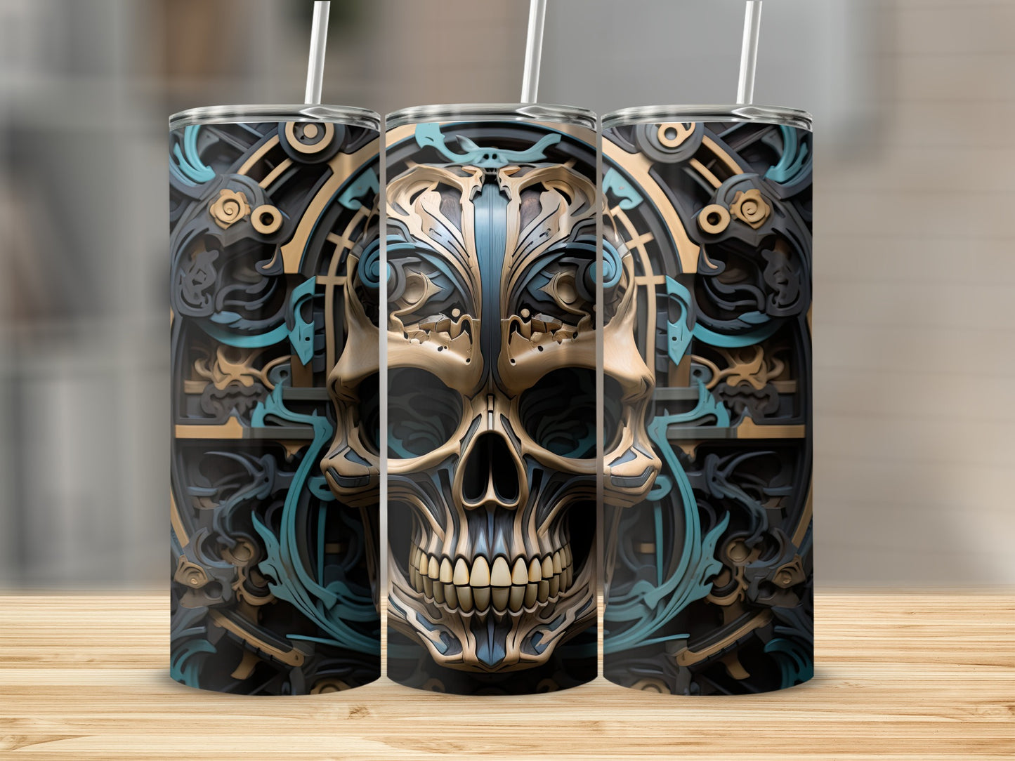 Three tumblers display a detailed steampunk skull design with gold, blue, and dark grey elements.