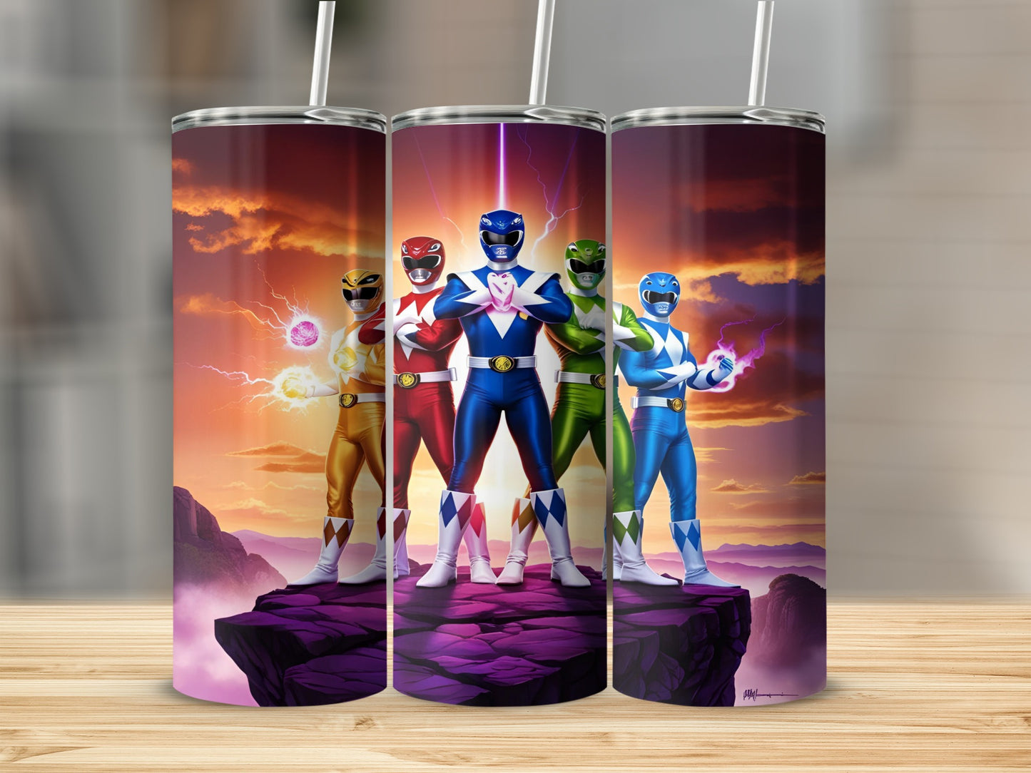 Power Rangers stand on a rock with colorful backgrounds and lights.