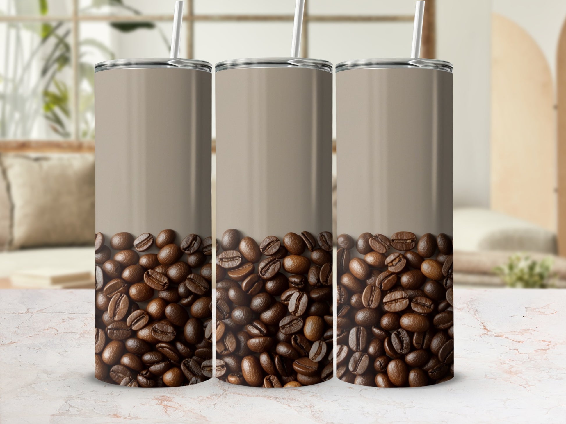 Brown tumbler with coffee beans, straw, and blurred background.