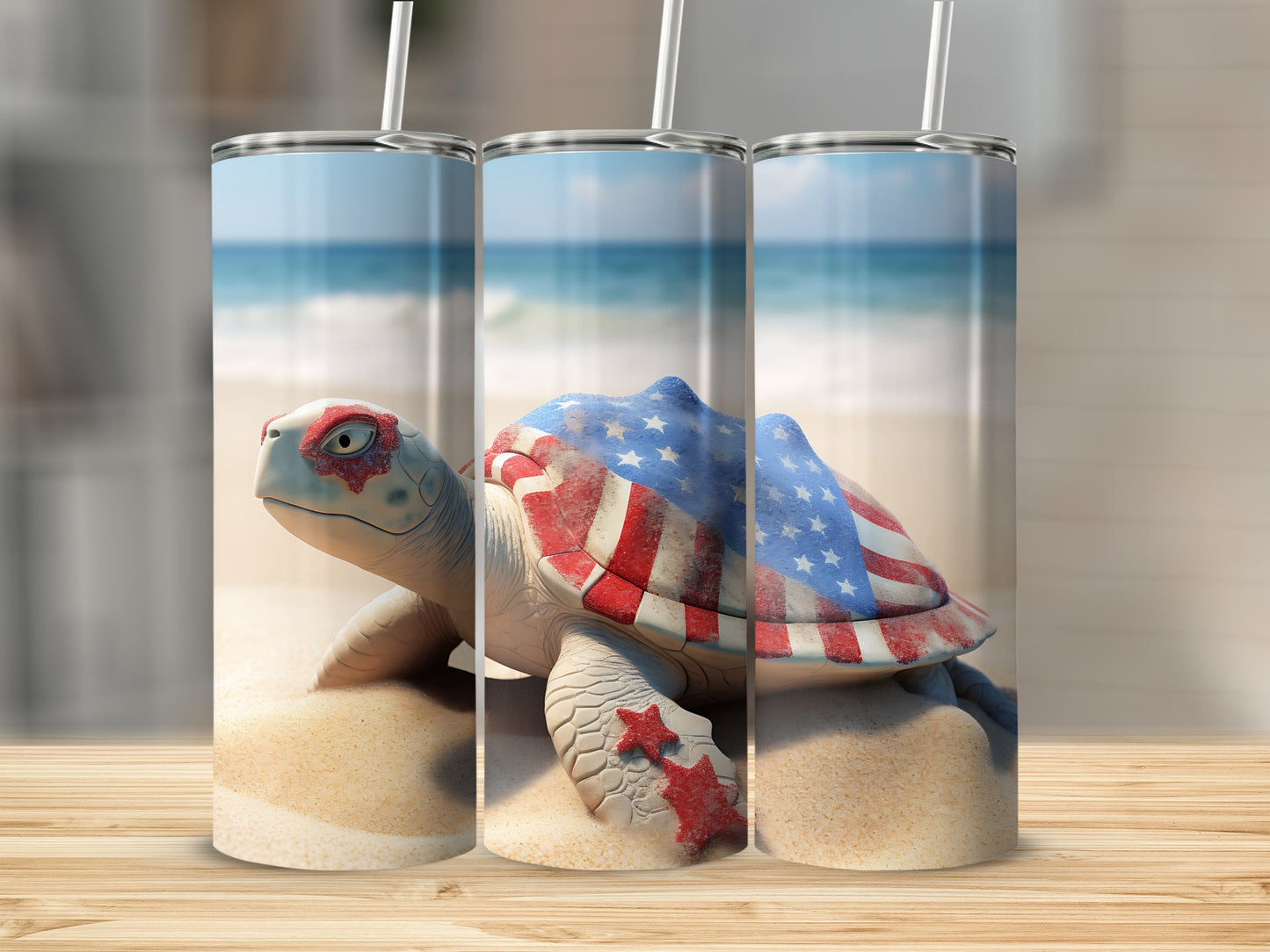 Turtle on sand with American flag design, close up.