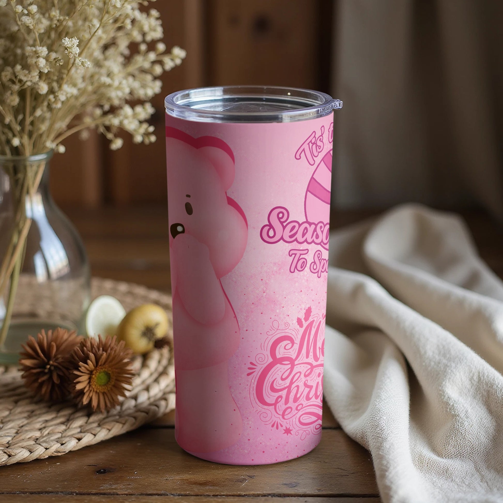 Pink Bear and Candy Cane Christmas Tumbler Cup