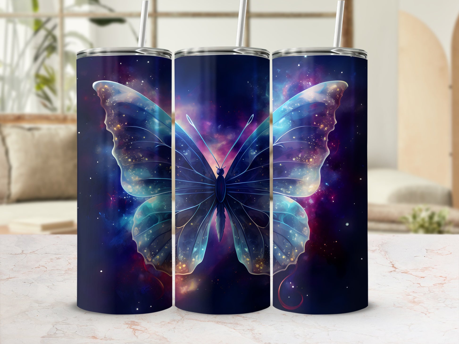 Three tumblers featuring a glowing blue butterfly against a galaxy background.