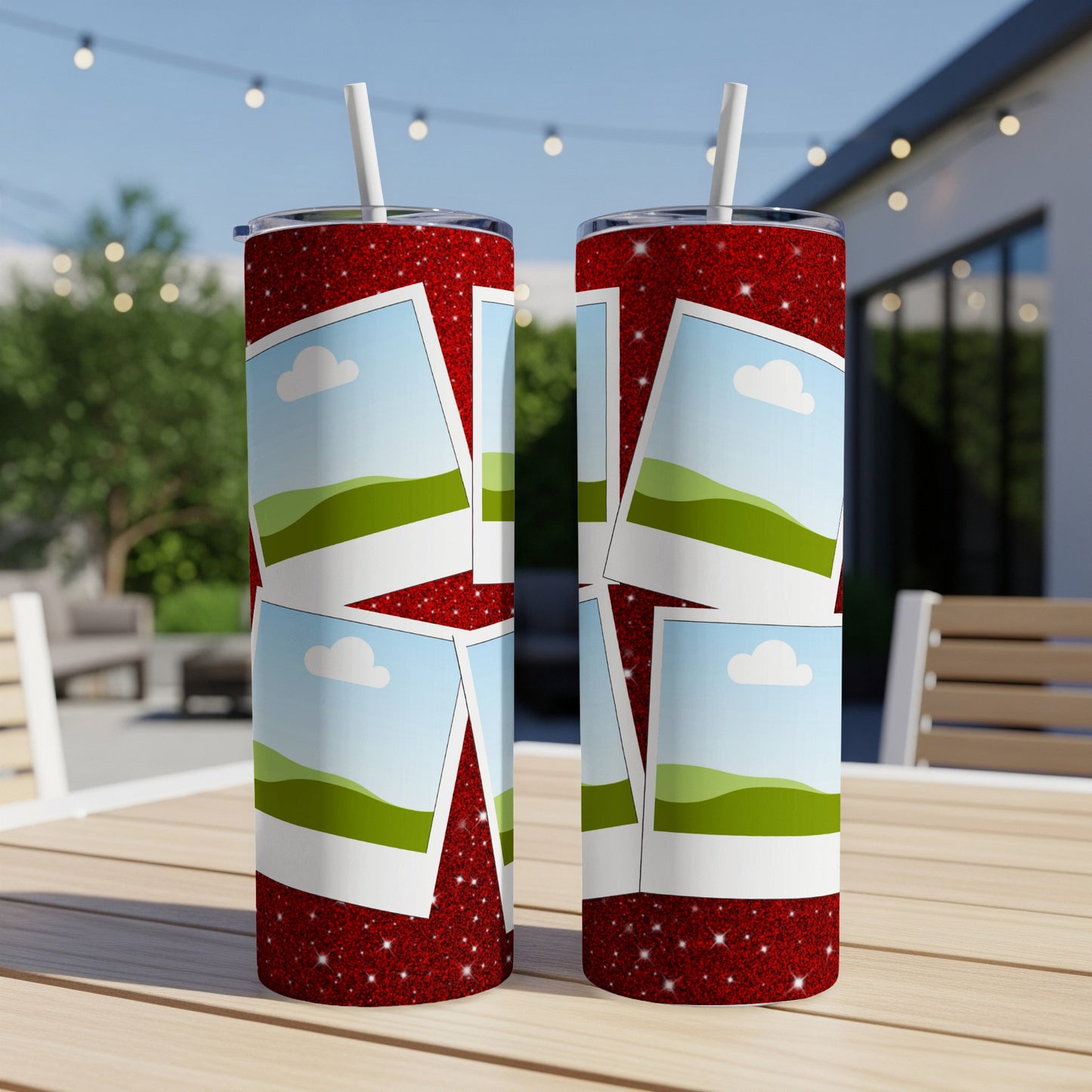 Red glitter tumbler with scattered photo frames and a sky scene pattern.