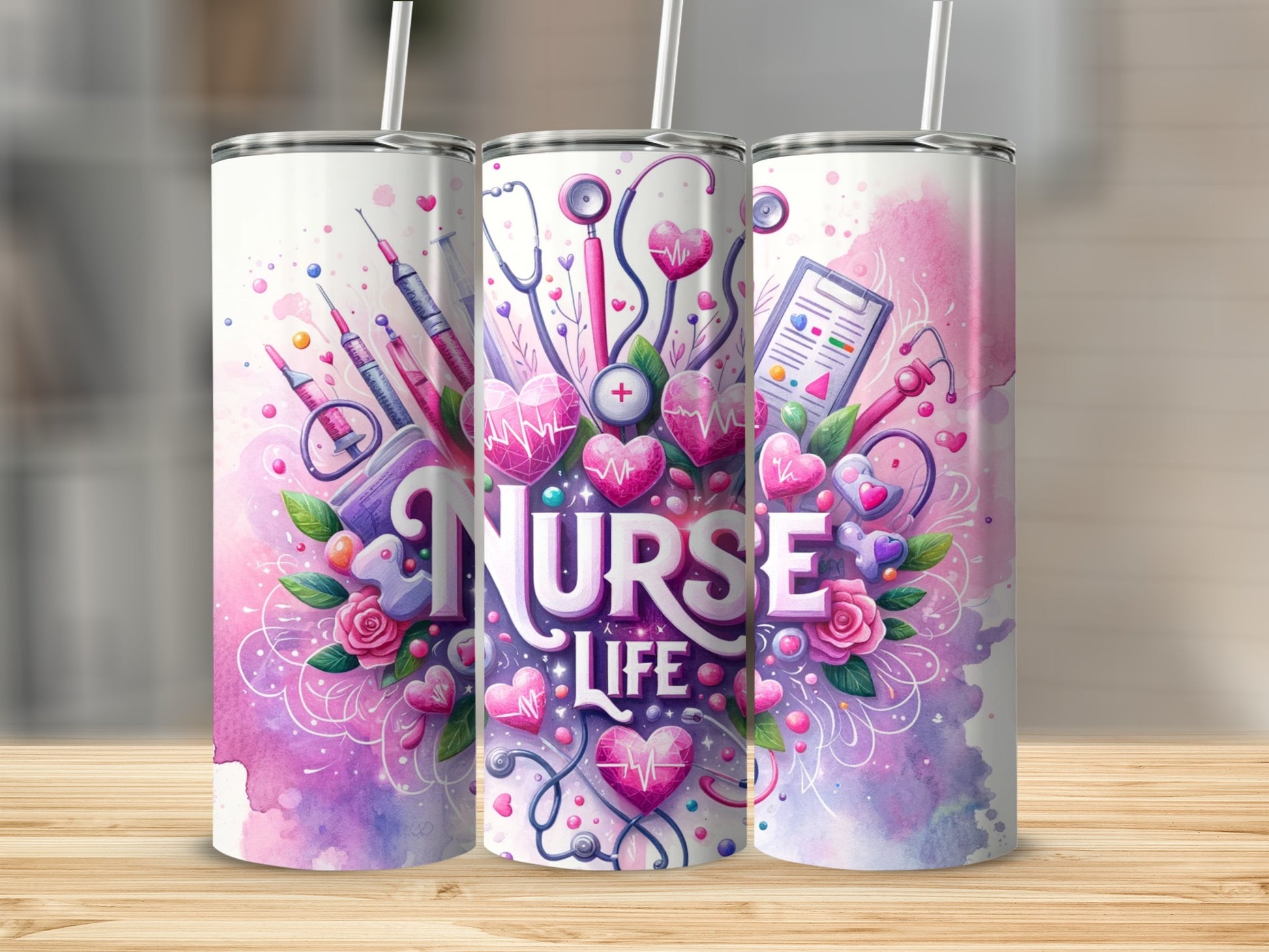 Tumbler with "Nurse Life" text, hearts, medical icons, and watercolor splashes.