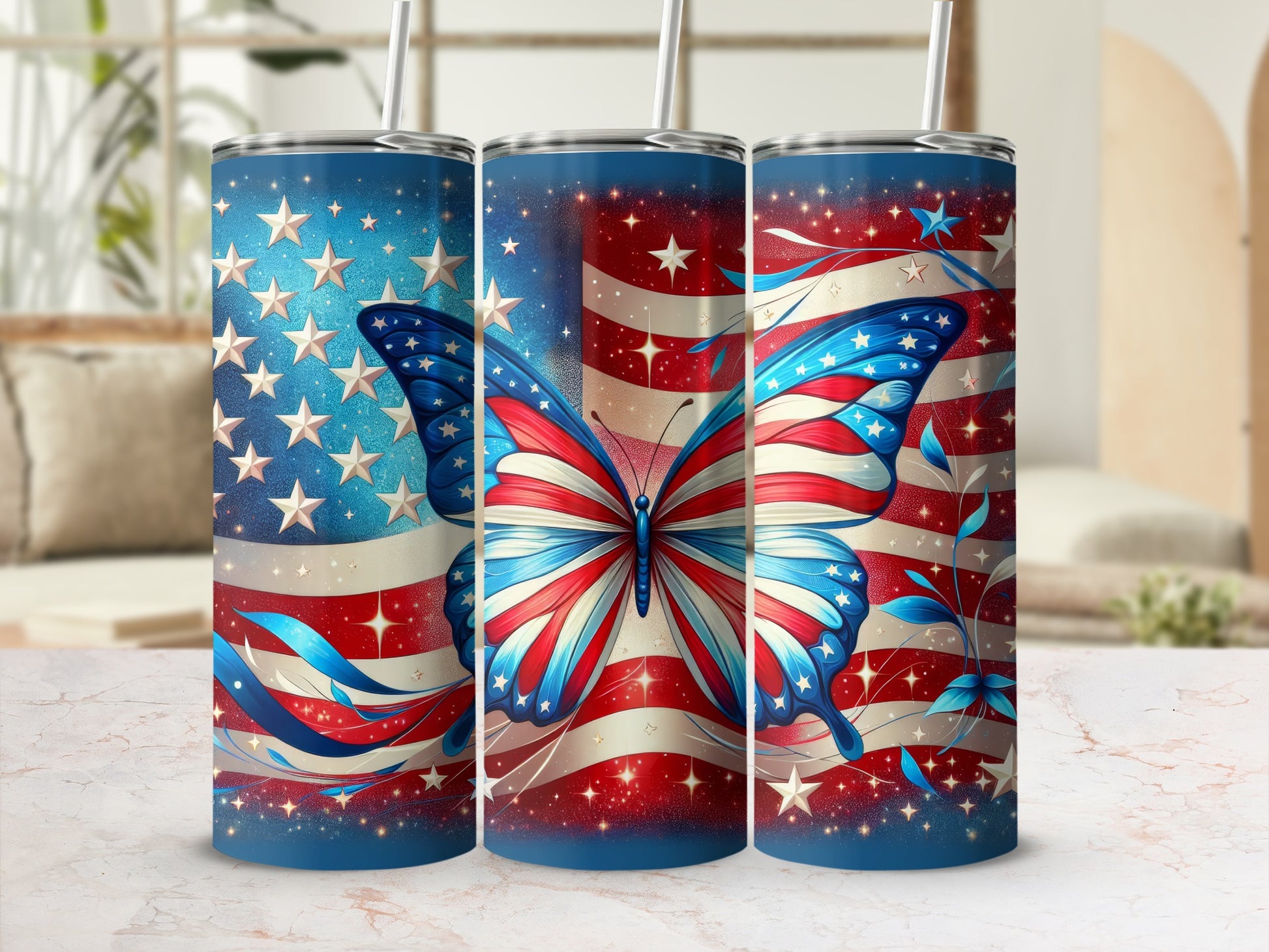 USA flag butterfly patriotic tumbler with stars and stripes.