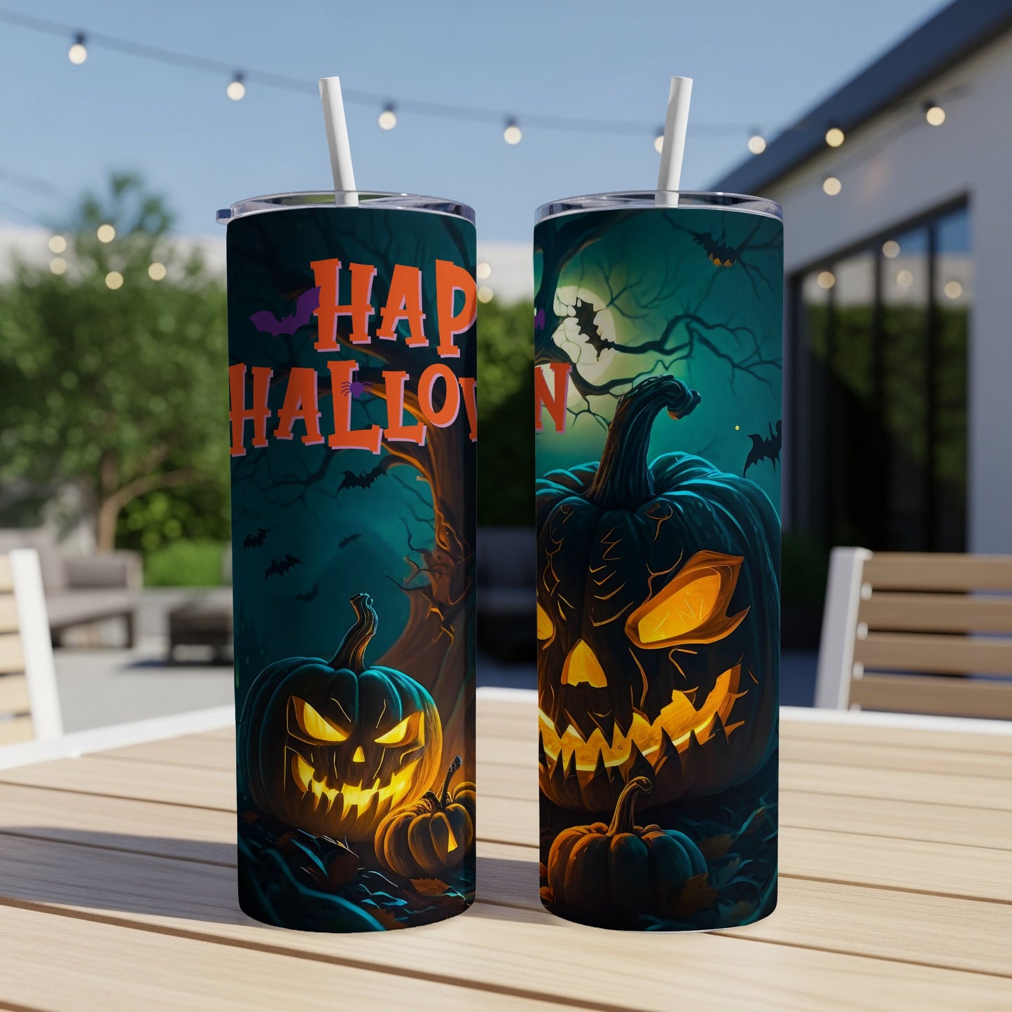 Two tumblers with Halloween designs featuring jack-o'-lanterns and bats.