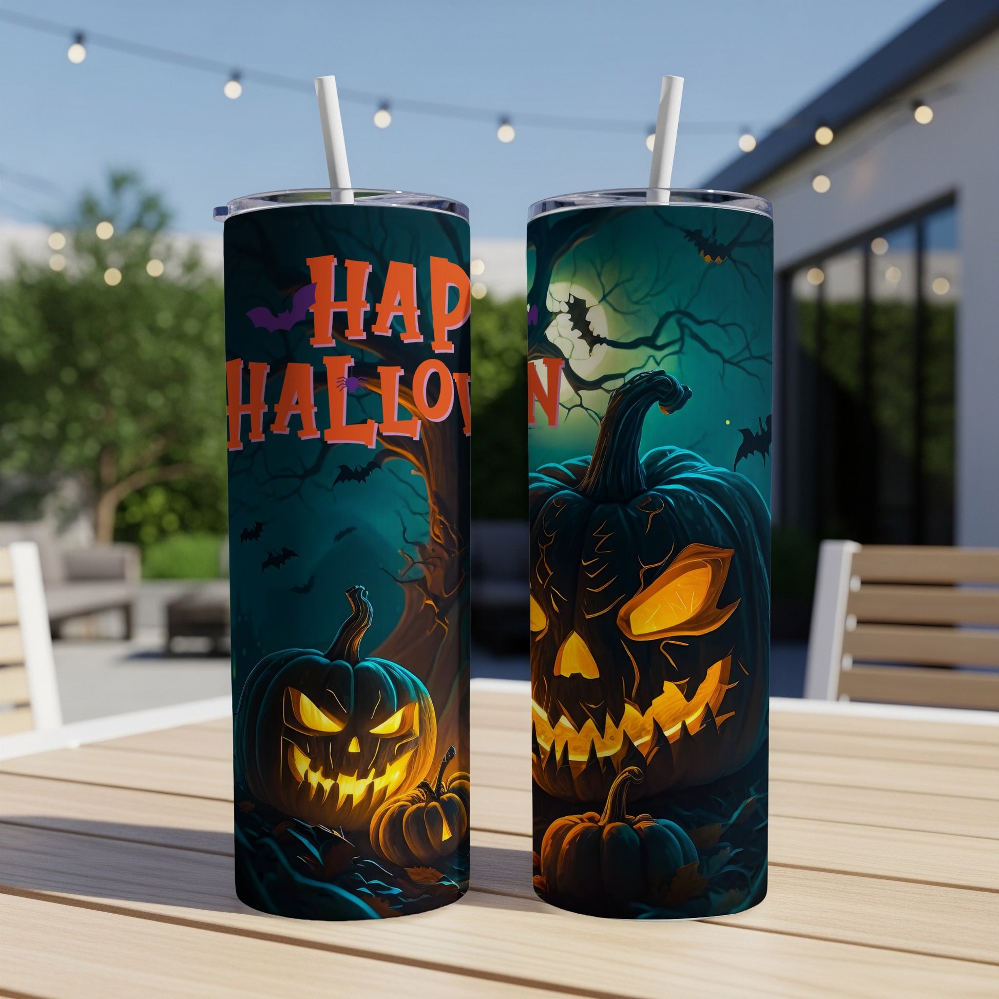 Two tumblers with Halloween designs featuring jack-o'-lanterns and bats.