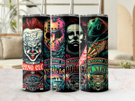 Horror movie icons on tumblers: Pennywise, Jason, Michael Myers, and Freddy Krueger.