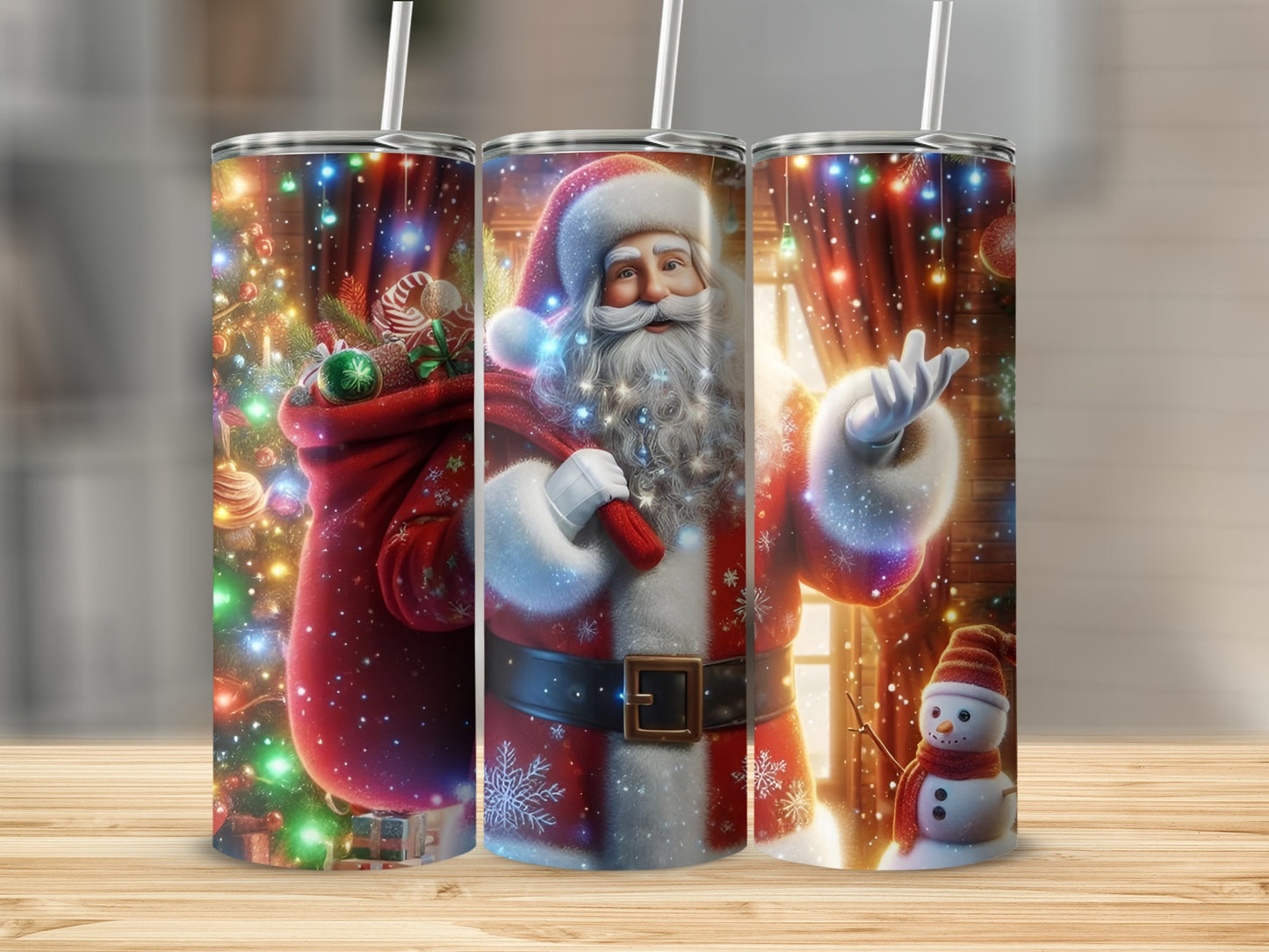 Christmas Santa Claus Tumbler with Straw Triple Pack