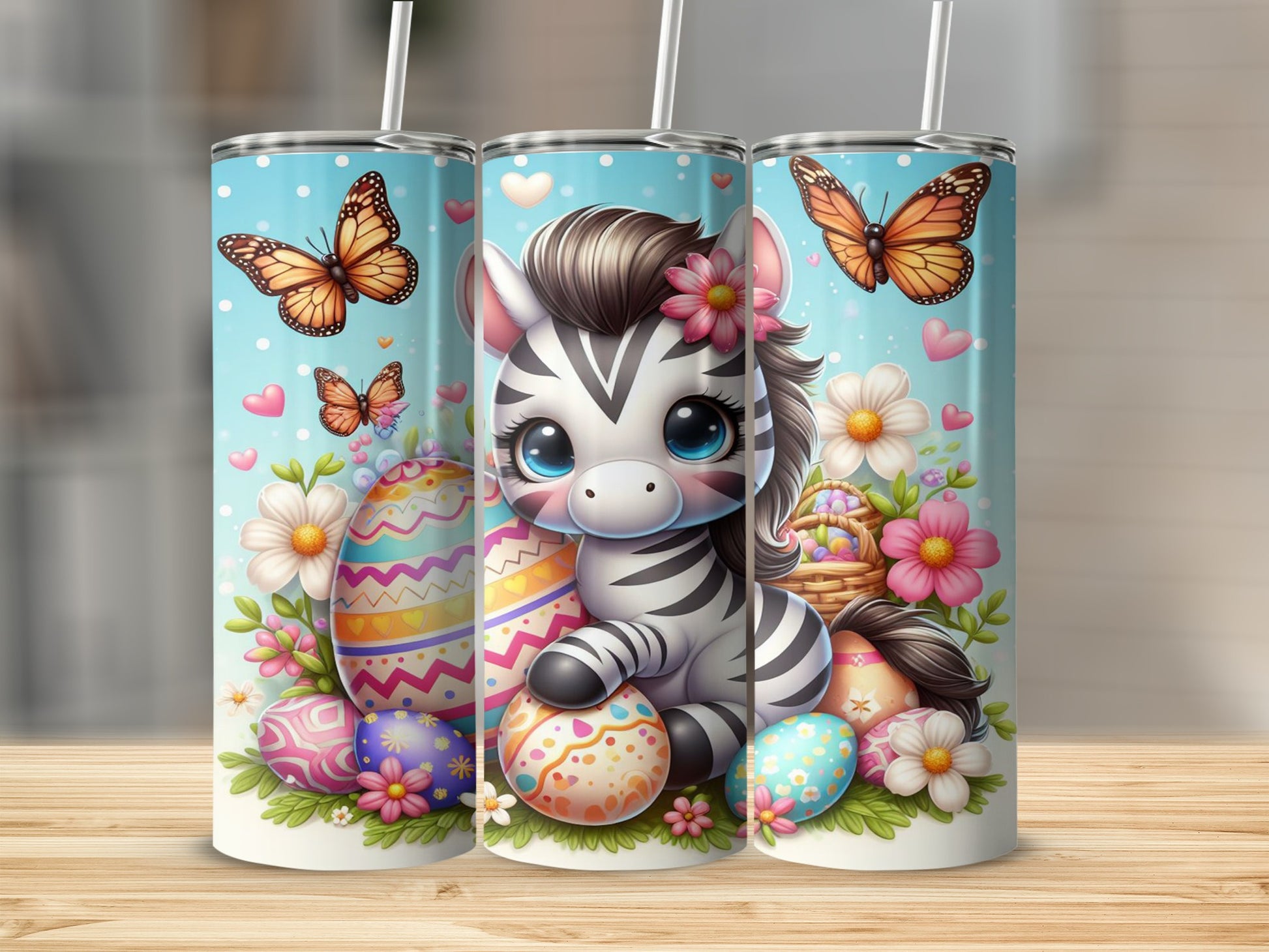 Cute cartoon zebra with Easter eggs and butterflies on a blue tumbler.