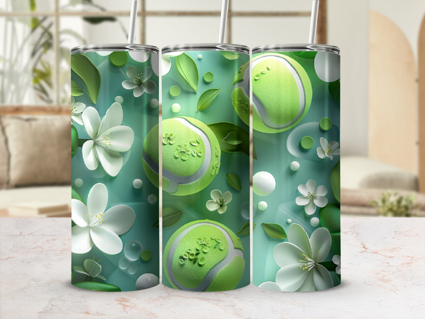 Green tennis balls and white flowers on a mint green background.