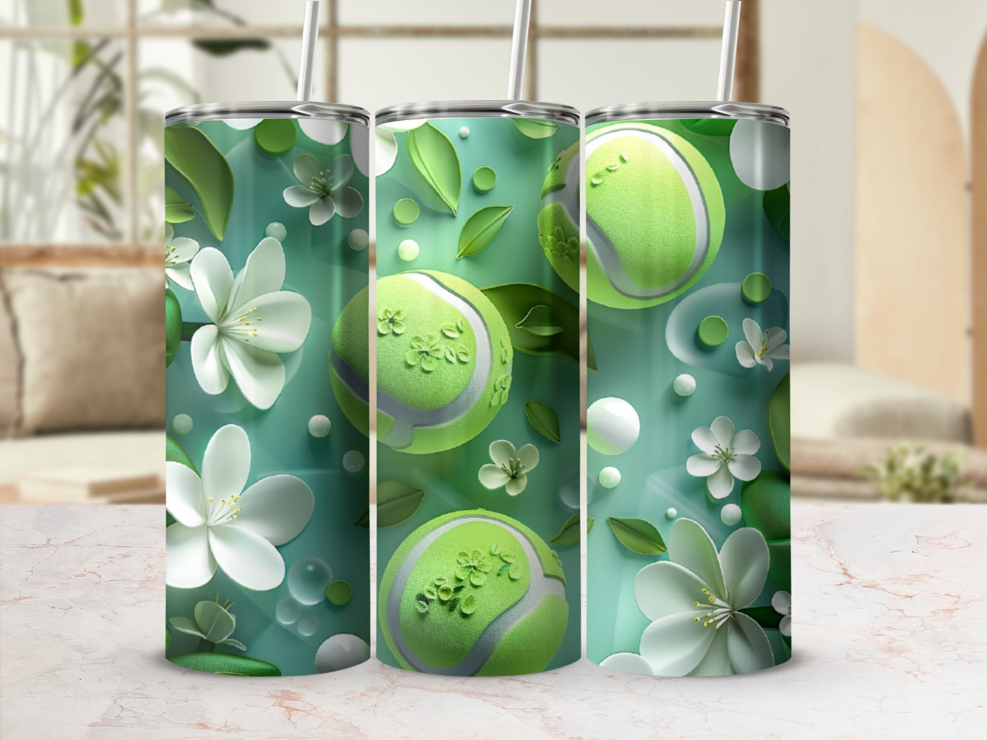 Green tennis balls and white flowers on a mint green background.