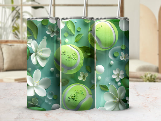Green tennis balls and white flowers on a mint green background.