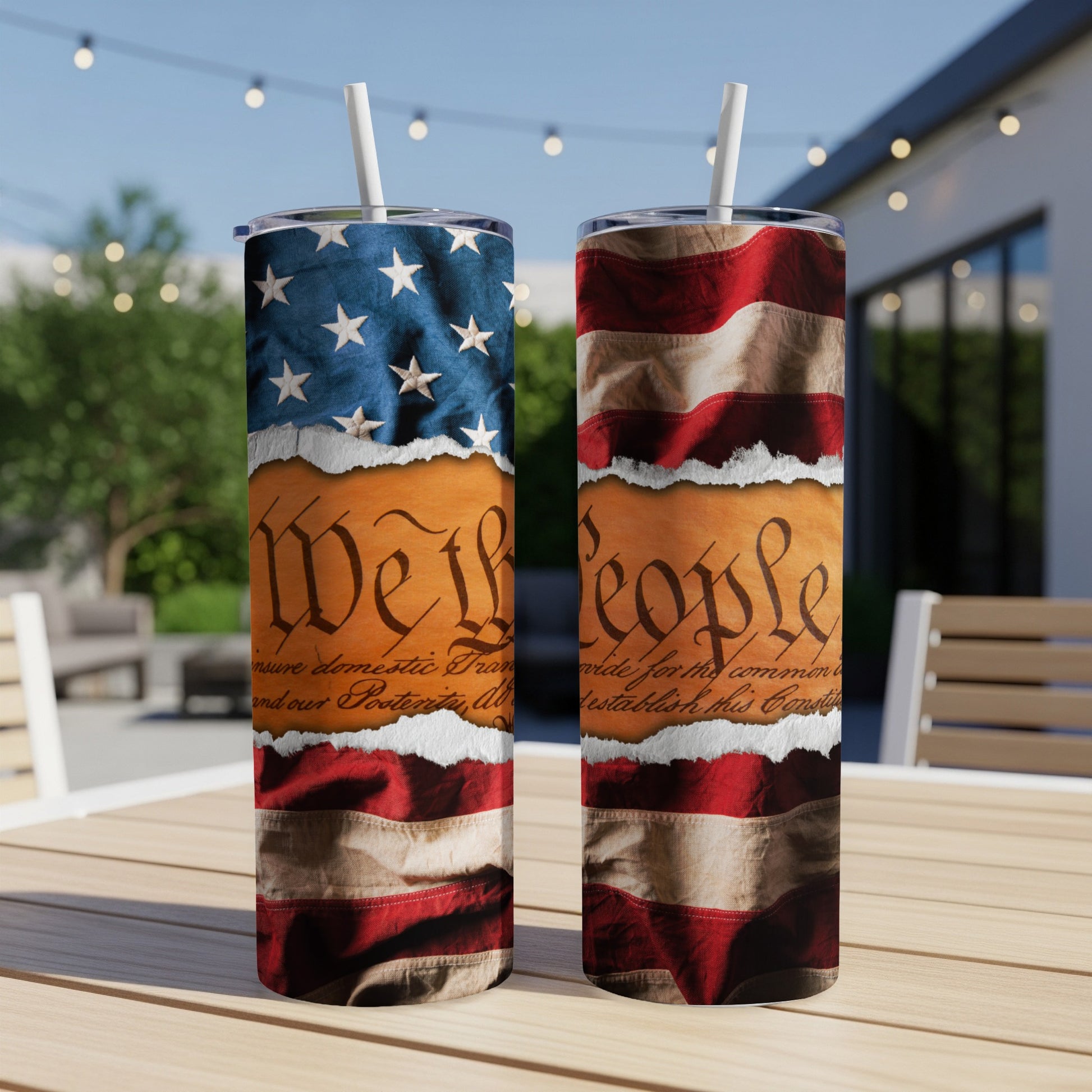 Two tumblers with US flag and "We the People" text designs.