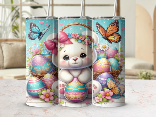 Cute teddy bear with Easter eggs and butterflies.
