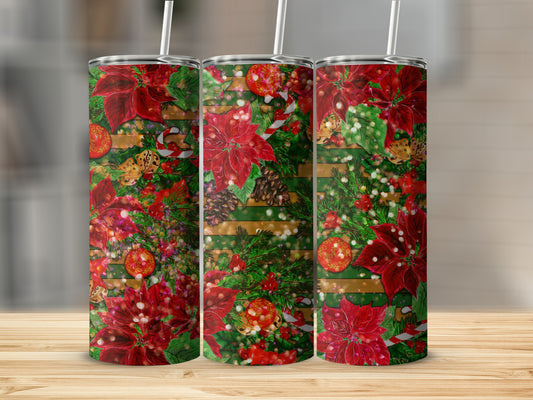 Three tumblers with a festive red poinsettia and pinecone Christmas design.