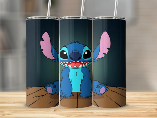 Three tumblers with Stitch character design on wooden surface.