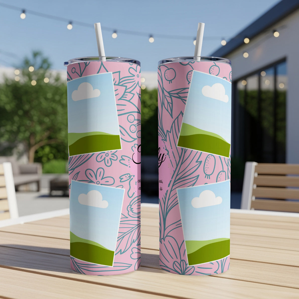 Pink tumblers with floral pattern and four photo placeholders, on a table.