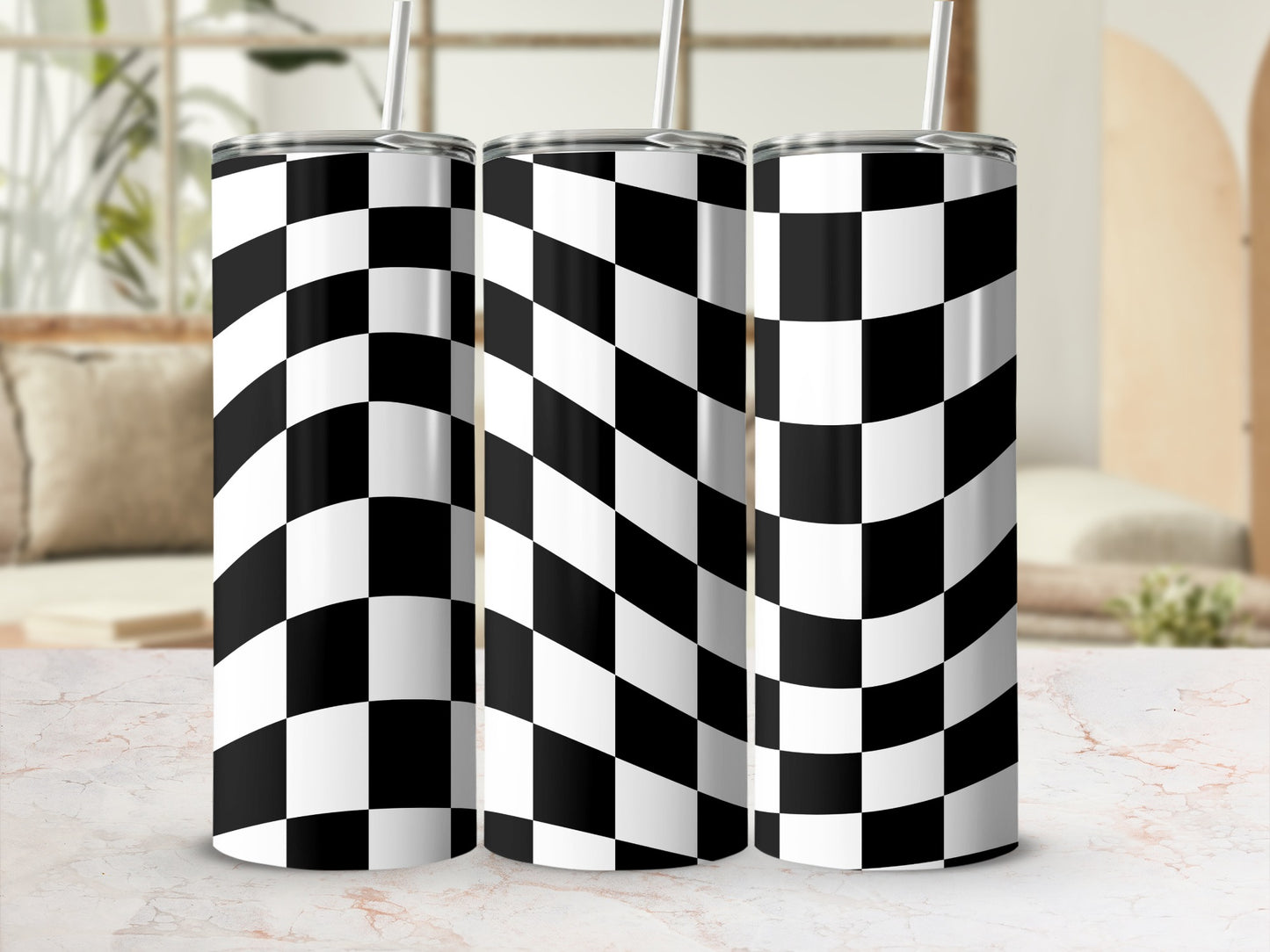 Three tumblers with black and white checkerboard pattern.