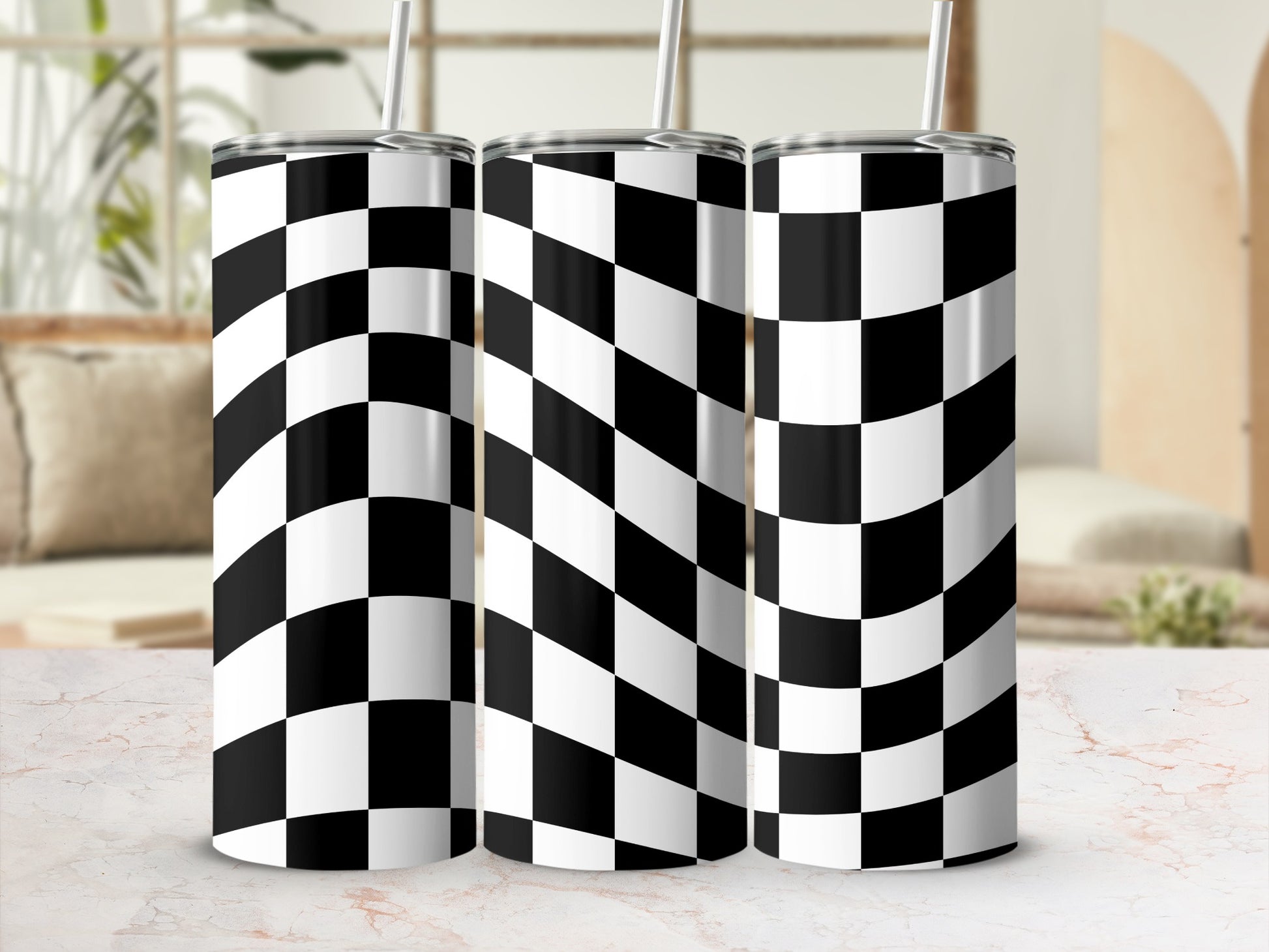 Three tumblers with black and white checkerboard pattern.