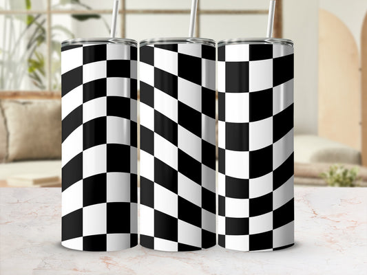 Three tumblers with black and white checkerboard pattern.