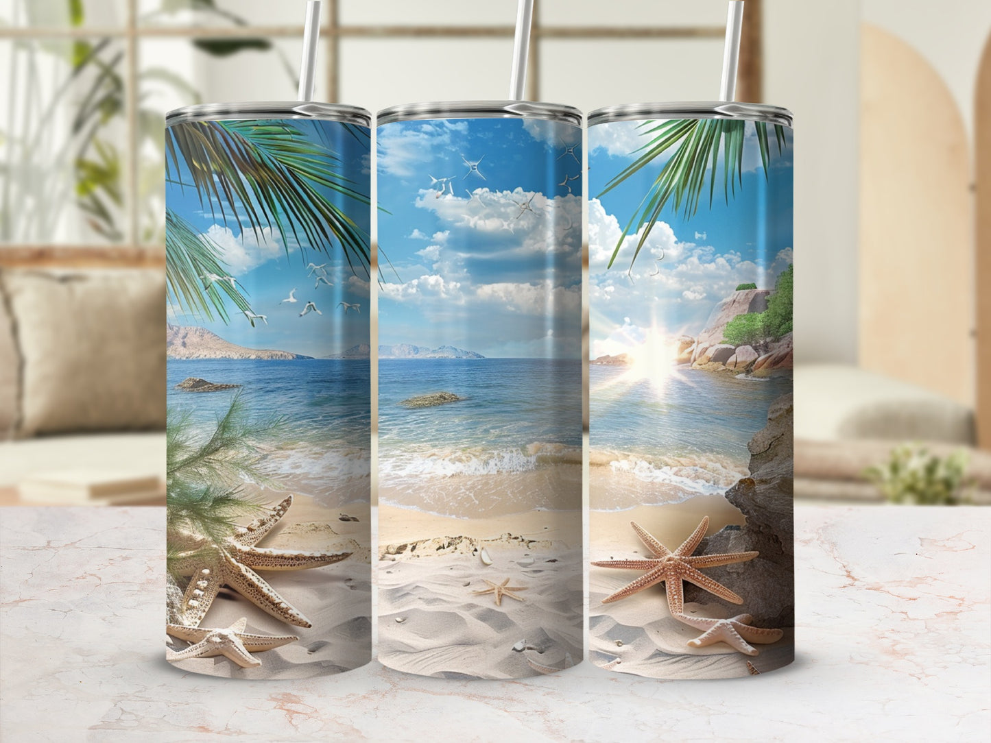 Three beach-themed tumblers with palm leaves and starfish.