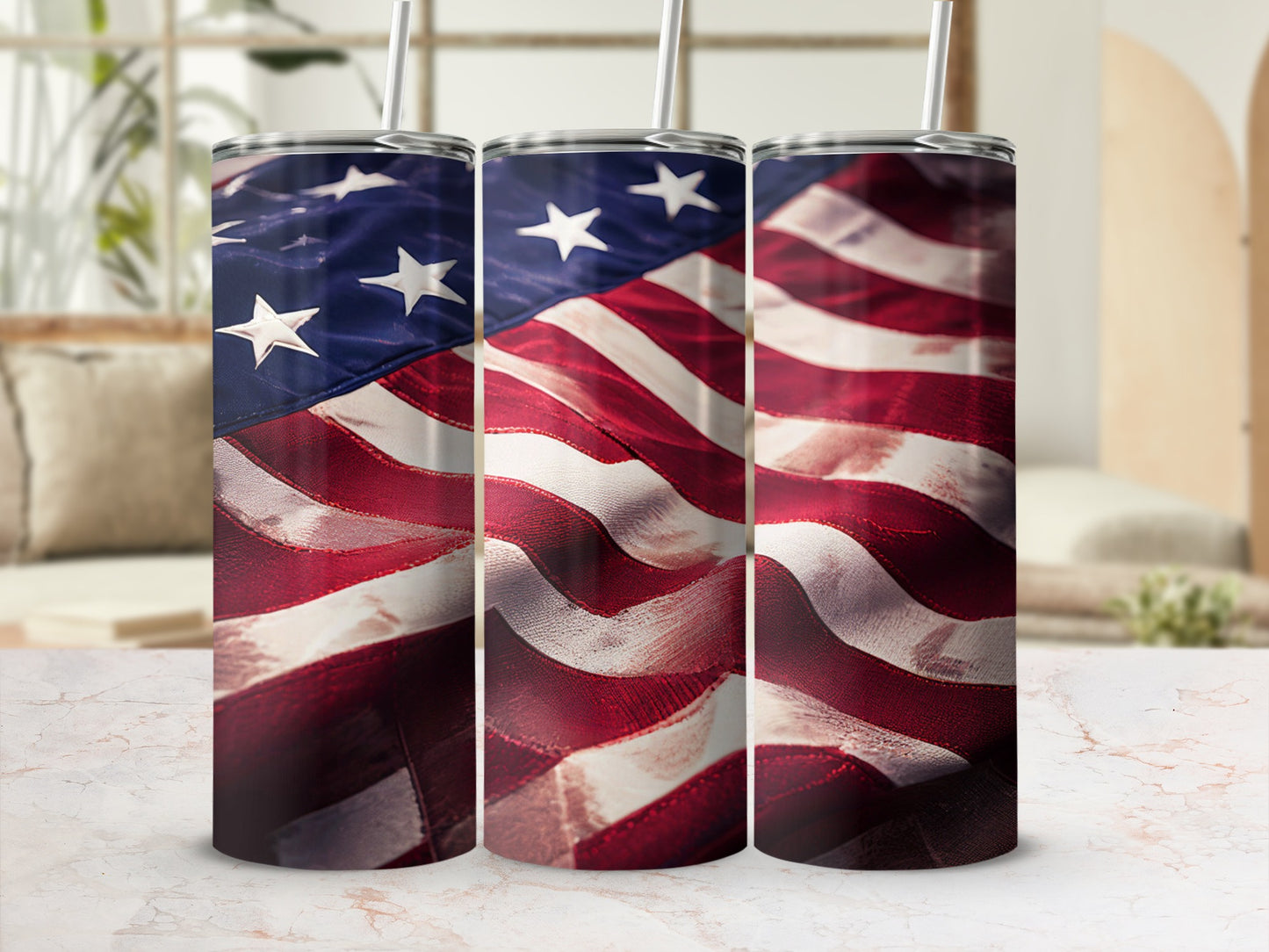 Three tumblers featuring the American flag design.