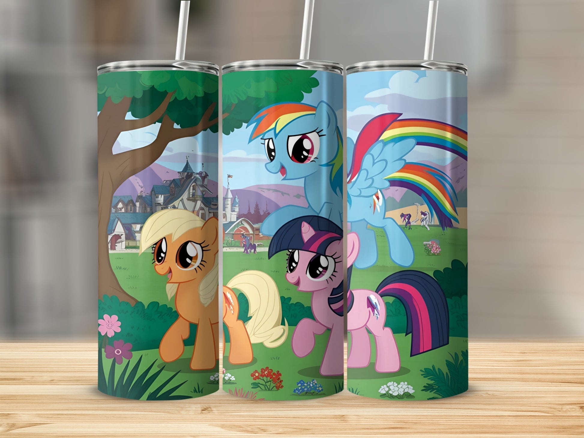 My Little Pony characters Applejack, Rainbow Dash, and Twilight Sparkle on a colorful tumbler.