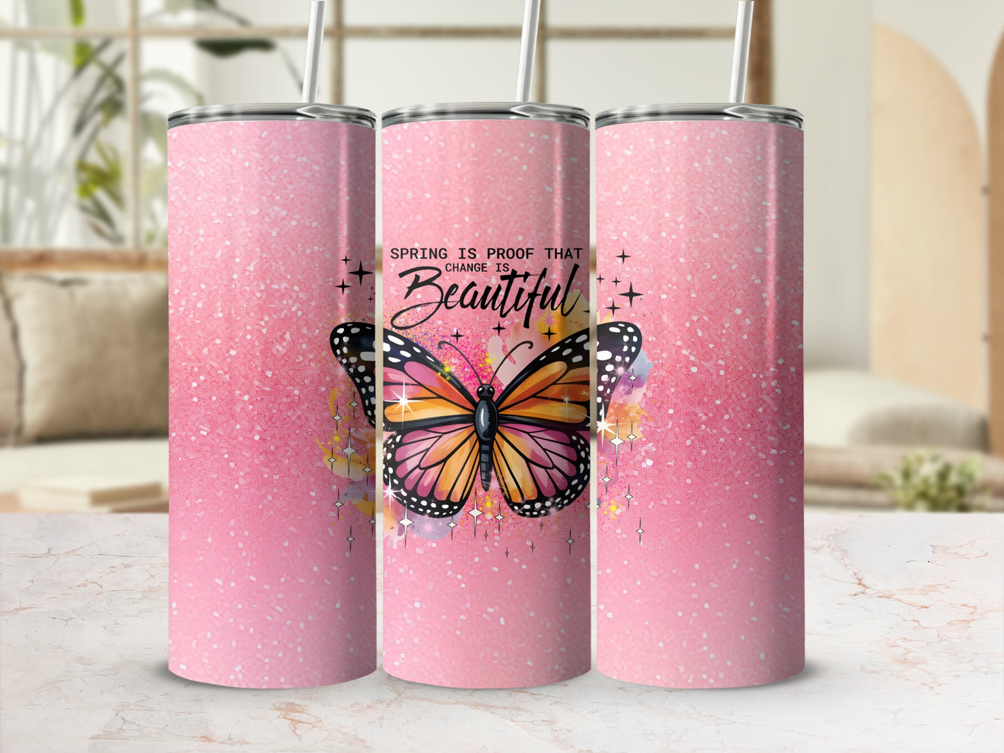 Spring Butterfly Change is Beautiful Pink Tumbler