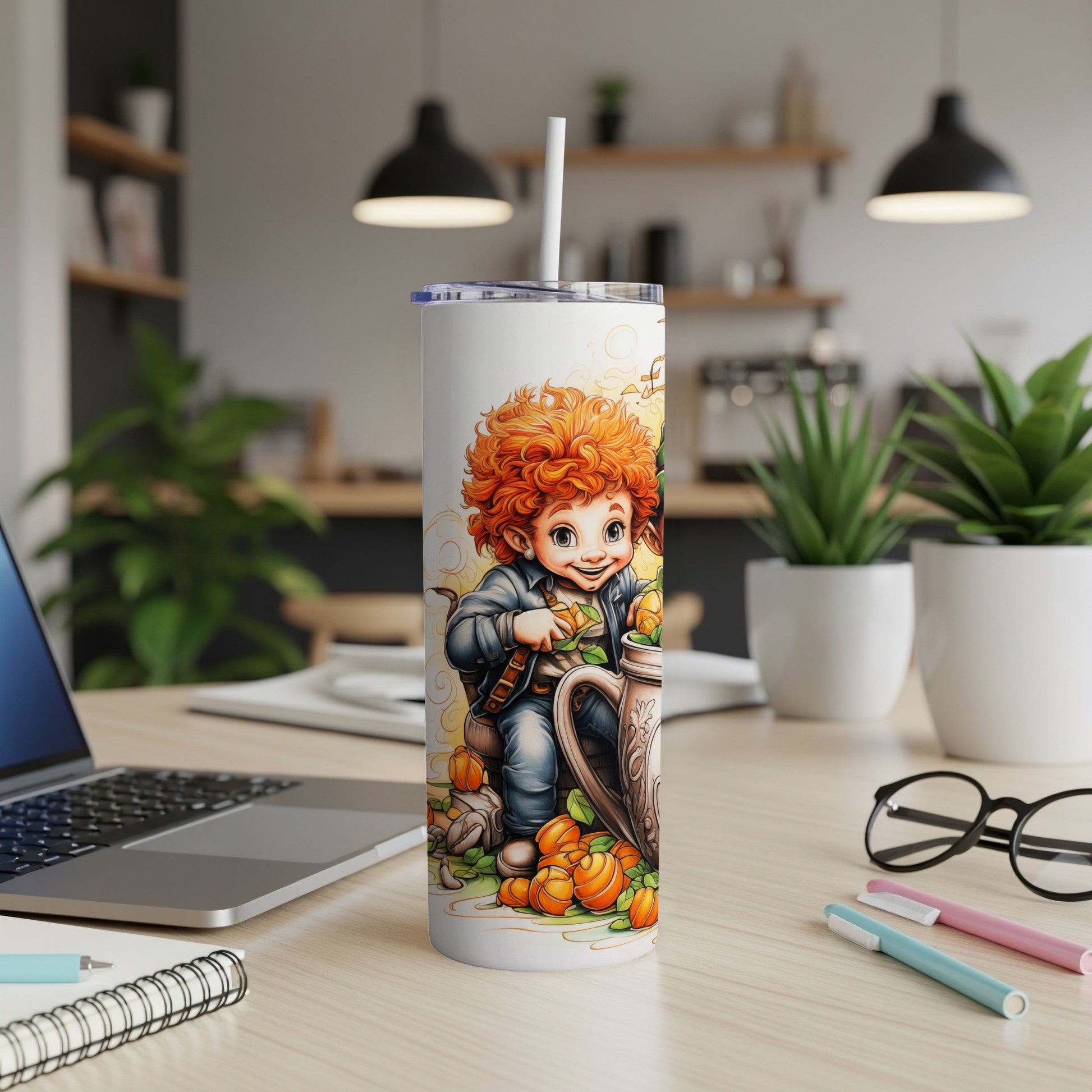 Animated character with red hair holding pumpkins next to a silver mug.