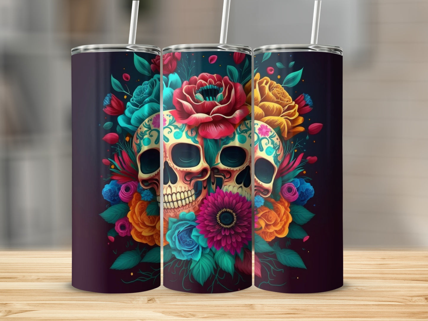 Colorful Floral Skull Tumbler with Straws 20oz Design