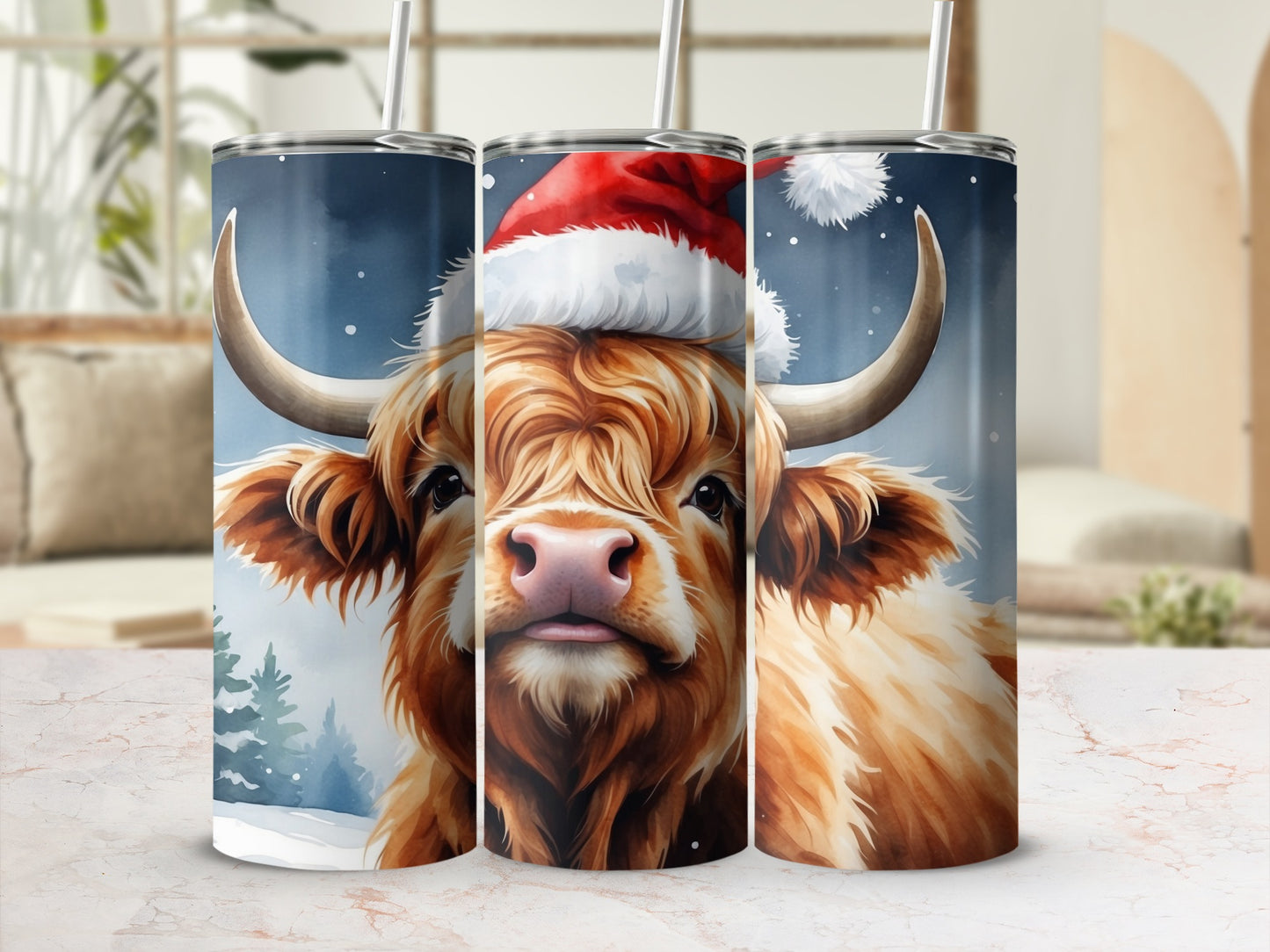 Highland cow wearing Santa hat, with snow and trees on a tumbler.