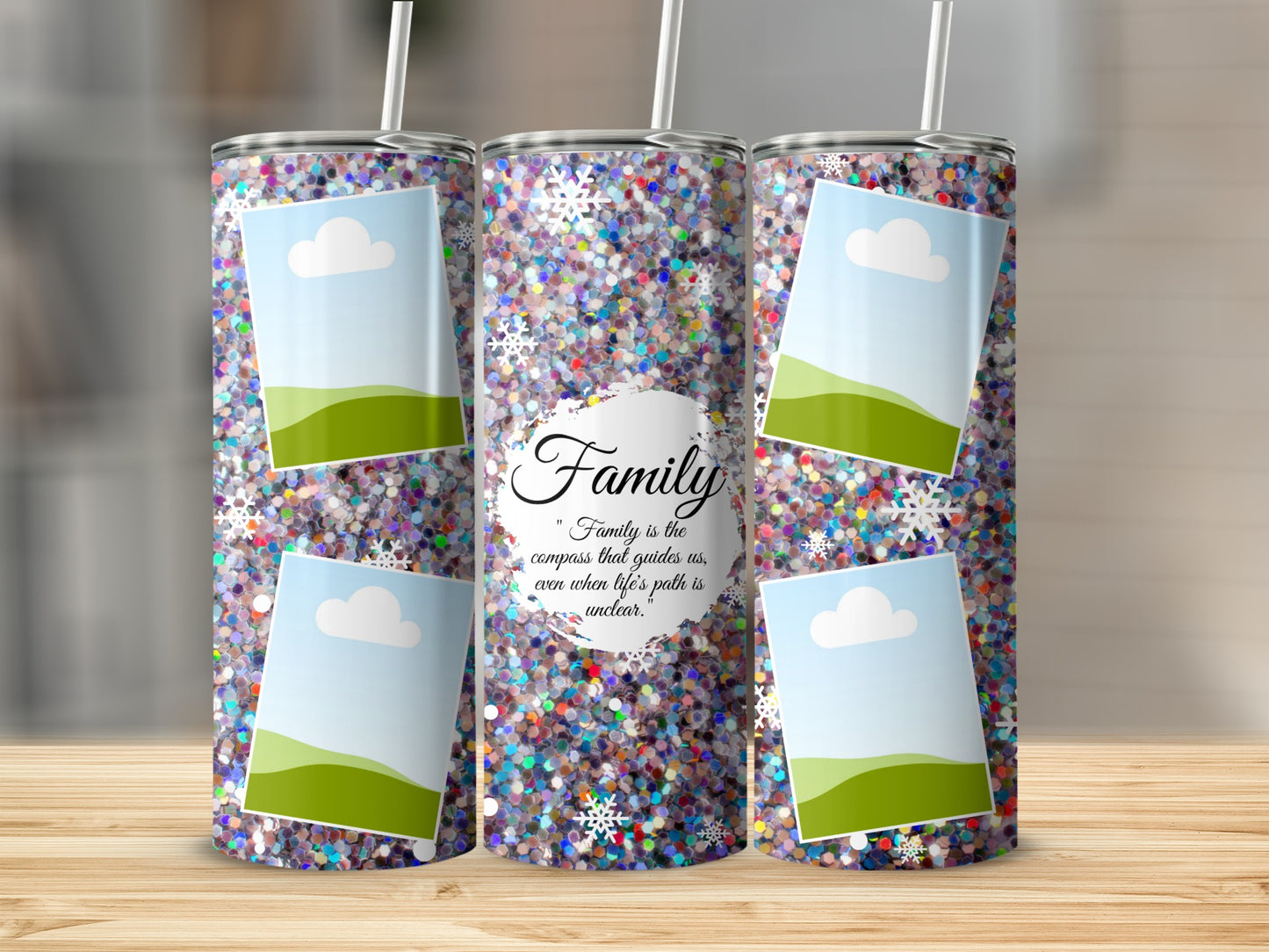 Glitter tumbler with "Family" quote and placeholder photo frames.