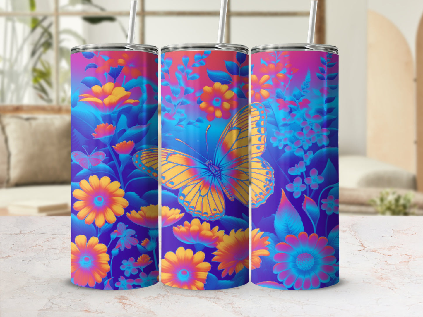 Floral butterfly tumbler with straws in a colorful gradient design.