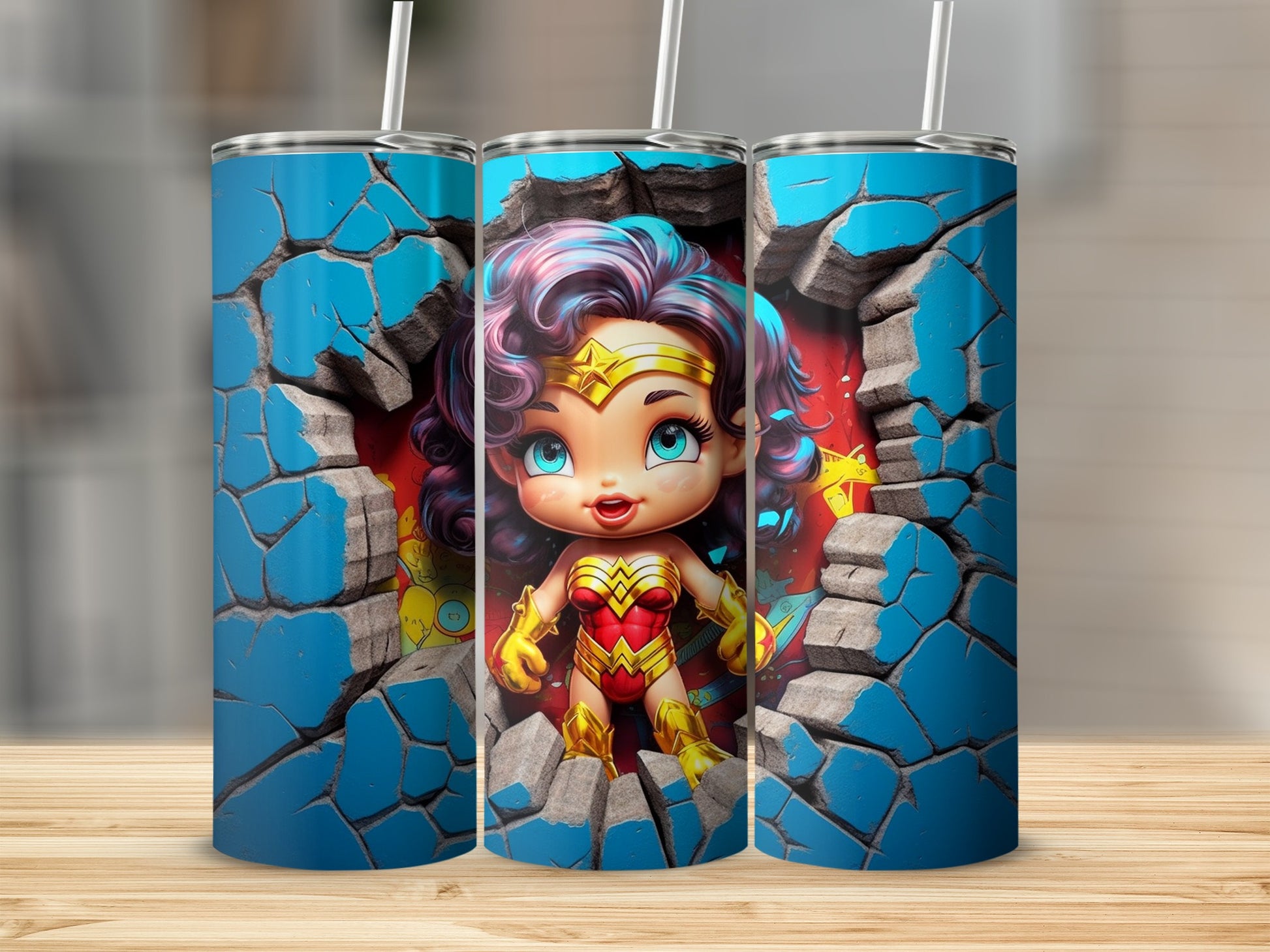 Adorable Superhero Breaks Through Wall Design Tumbler