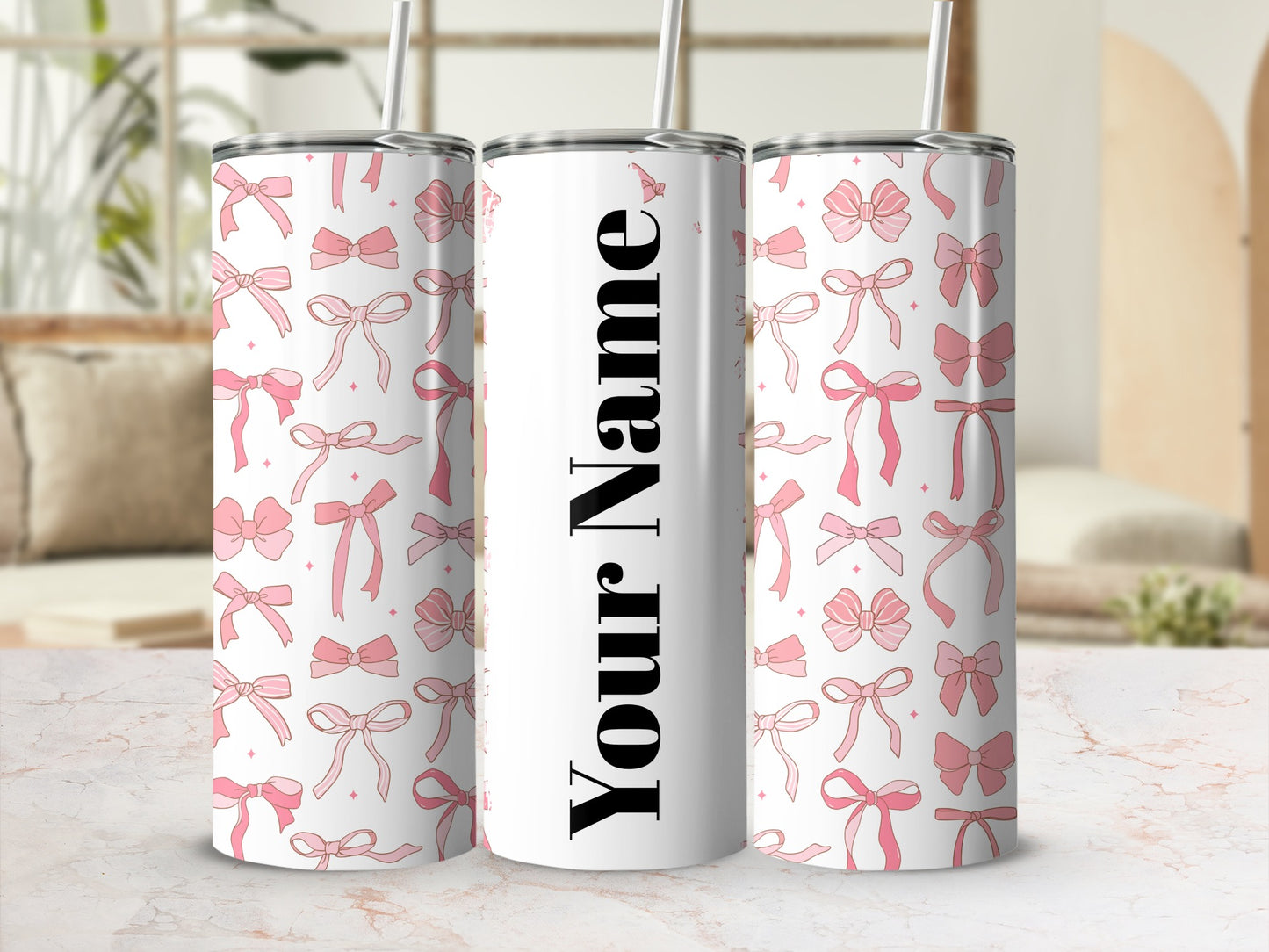 Personalized Pink Bow Pattern Designed Tumbler